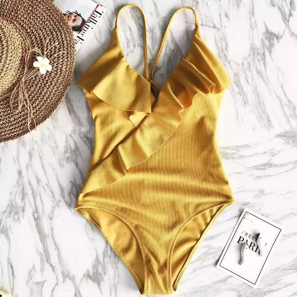 CLEARANCE Yellow Ruffle Ribbed One Piece Swimsuit - Picture 3 of 5